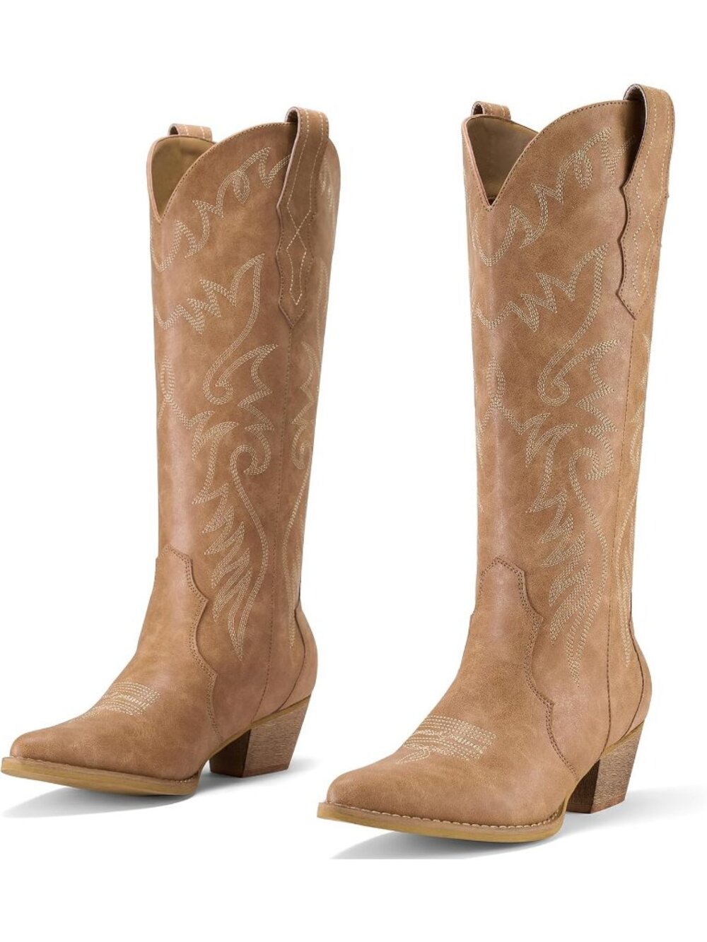 Women Tan Pointy Toe Western Cowboy Cowgirl Embroidered Knee High Boot